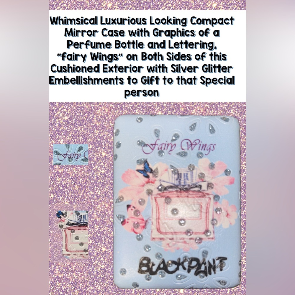 Mirror case Graphic Perfume Bottle & fairy Wings Silver Glitter Embellishment